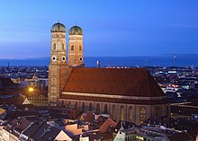 The Frauenkirche in Munich is a largely Gothic, medieval church. Frauenkirche Munchen abends.jpg