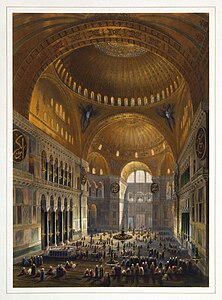 Собор Святої Софії у свій час як мечеть. Ілюстрація Гаспара Фоссаті та Луї Хаге, 1852.