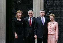 Brown and George W. Bush, President of the United States, meet at Downing Street, June 2008 George W. and Laura Bush + Gordon and Sarah Brown 2008.jpg