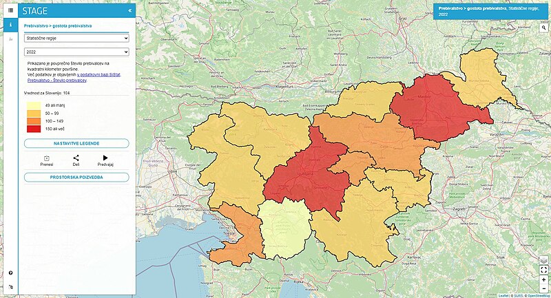 Prikazano je povprečno število prebivalcev na kvadratni kilometer površine.