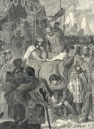 John of England signs Magna Carta. Image from ...