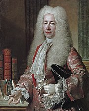 Nicolas de Largillière: Konrad Detlef Graf von Dehn, 1724. Kleidung eines Stutzers: Gewand aus Silberbrokat, edle Spitzen, geschminktes Gesicht, schneeweiße Perücke.