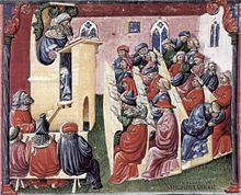14th-century image of a university lecture Laurentius de Voltolina 001.jpg