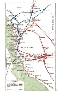 This 1909 map shows the line as the red line from Edge Hill to Canada Dock via Tuebrook. The branch after Kirkdale station is to Alexandra Dock.