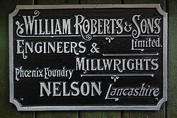 Makers plate, William Roberts & Sons, Queen Street Mill.JPG