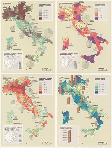 E) Vite e olivo. F) Fruttiferi e agrumi. G) Coltivazioni foraggere. H) Foreste.[4]