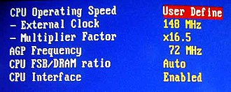 Overclocking BIOS setup on an ABIT NF7-S motherboard with an AMD Athlon XP processor. Front side bus (FSB) frequency (external clock) has been increased from 133 MHz to 148 MHz, and the CPU clock multiplier factor has been changed from 13.5 to 16.5. This corresponds to an overclocking of the FSB by 11.3% and of the CPU by 36%. Overclock.jpg