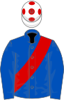 Royal blue, red sash, white cap, red spots