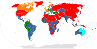 World map of legality of prostitution
Decriminalization - No criminal penalties for prostitution
Legalization - prostitution legal and regulated
Abolitionism - prostitution is legal, but organized activities such as brothels and pimping are illegal; prostitution is not regulated
Neo-abolitionism - illegal to buy sex and for 3rd party involvement, legal to sell sex
Prohibitionism - prostitution illegal
Legality varies with local laws Prostitution laws of the world2.svg