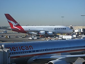 English: Qantas A380 preparing to depart LAX o...