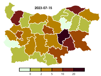 Postupné 14denní nové případy prevalence COVID-19 v Bulharsku podle region.svg