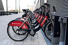 Santander Cycles ("Boris Bikes") is a major public bicycle hire scheme in London. Santander Cycles at Canary Wharf.jpg