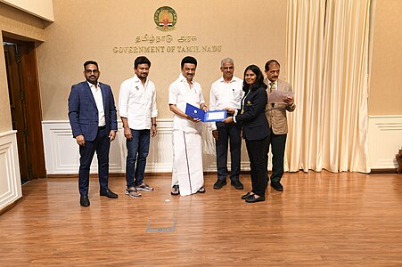 Nandhidhaa in August 2023 when felicitated by Tamilnadu Chief Minister M. K. Stalin and Sports minister Udhayanidhi Stalin for the Individual Gold medal performance in Asian Chess Championship 2022