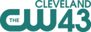 At left, the CW network logo in green. To the right in sans serifs, a green number 43. On top of both is the lettering "CLEVELAND", aligned to the right.