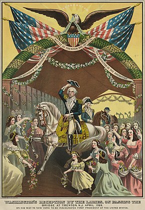 Прием Вашингтона женщинами при переходе моста в Трентоне, штат Нью-Джерси, апрель 1789 года, когда он направлялся в Нью-Йорк на инаугурацию первого президента Соединенных Штатов (обрезано) .jpg