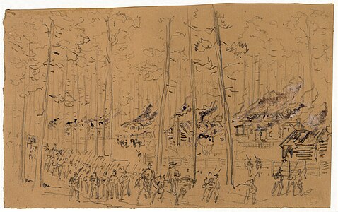 The original sketch of Sherman in South Carolina: The burning of McPhersonville, at and by William Waud (restored by Adam Cuerden)