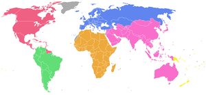 מפת העולם המחולקת לפי הפדרציות היבשתיות.