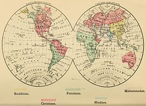 An 1883 map of the world divided into colors representing Christians, Buddhists, Hindus, Mohammedans and Fetishists 1883 religions map.jpg