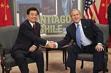 Hu Jintao of China and George W. Bush meet while attending an APEC summit in Santiago de Chile, 2004. 20041120-1 bushchinamtg-1-515h.jpg