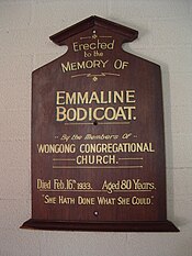 Memorial board for Emmaline 'Granny' Bodicoat, the district midwife and one of the original subscribers for erection of the Wongong hall. Originally hung in the hall, but now in History House Museum, Armadale.