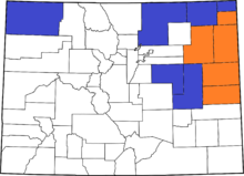 2013 election results: counties in orange voted to separate from Colorado, while counties in blue rejected the idea. 2013 election results, North Colorado secession movement.png