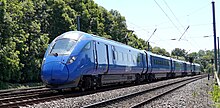 Lumo high-speed trains provide services from Northern England to Scotland and London. 803 001 Lumo Trains at Offord Cluny.jpg