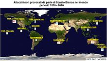 Mapa s čísly útoků žraloka bílého v jednotlivých oblastech světa