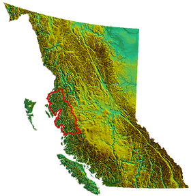 Carte de localisation des chaînons Kitimat en Colombie-Britannique.