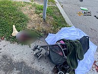 Baby carriage with dead infant and mother bodies killed by russian nazies.jpg