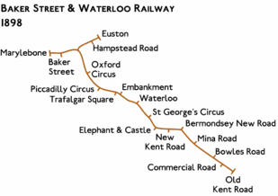 Route diagram showing line running from Marylebone at top left to Old Kent Road at bottom right. A short branch leaves the main route and curves to the right to end at Euston