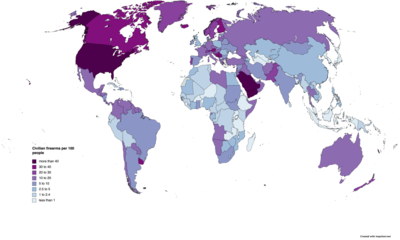Map of countries by estimated civilian firearms per capita Civilian firearms per 100 people.png