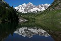 Maroon Bells centered, Sleeping Sexton to the right, from Maroon Lake