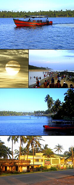 From Top:Boating at Paravur Lake, Sunset at Thekkumbhagam beach, Thekkumbhagam Estuary, Paravur Lake at Thekkumbhagam, Lakesagar Xavier's resort in Thekkumbhagam