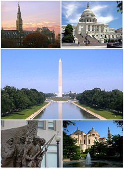Kiri ateh: Georgetown University; kanan ateh: U.S. Capitol; tangah: Washington Monument; kiri bawah: African American Civil War Memorial; kanan bawah: National Shrine