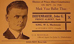 Election flyer naming Diefenbaker and with his photograph, with a recreation of the ballot, urging his election. His hair is still short and dark, and is combed back, and his face appears much the way it will in later years. He wears a jacket and tie.