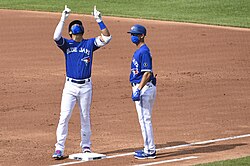 Toronto Blue Jays utility player Lourdes Gurriel Jr. (left) and first base coach Mark Budzinski (right) wearing face masks before a road game Gurriel and coach.jpg