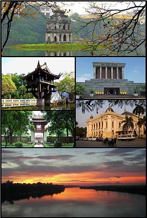 Searah jarum jam dari kiri: Menara Kura-kura di Danau Hoan Kiem, di pusat kota Hanoi; Mausoleum Ho Chi Minh; Rumah Opera Hanoi; senja hari di Sungai Merah dari Jembatan Long Bien; Kuil Sastra; Pagoda Satu Pilar