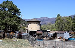 The D&SNG water tank along U.S. Route 550 in Hermosa, April 2020