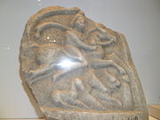 A marble relief of a riding horseman of the Roman period, Archaeological Museum in Zagreb, Croatia. Izlosci Arheoloskoga muzeja u Zagrebu.JPG