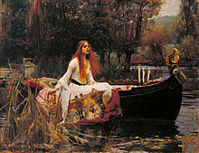 A painting of a red haired woman, sitting in a boat, surrounded by trees