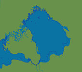 Береговая линия Ладожского озера в период максимума Ладожской трансгрессии перед появлением Невы (между 4500 и 2500 лет назад). Показаны долины рек Мга и Тосна, а также водораздел между ними.