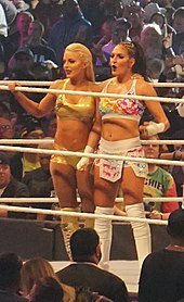 Rose (left) with Sonya Deville at WrestleMania 34 in April 2018 Mandy Rose&Sonya Deville WM34.jpg