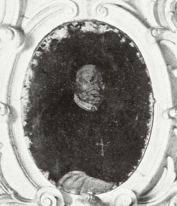 Matěj Aleš Ungar na fresce v klášteře Zlatá Koruna (černobílá fotografie)