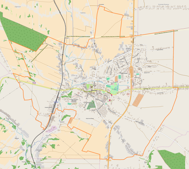 Mapa konturowa Miechowa, u góry znajduje się punkt z opisem „Kościół Świętego Krzyża w Siedliskach”