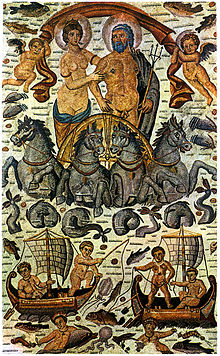 Poseidon and Amphitrite framed by erotes and riding in a chariot drawn by hippocamps; below them are fishermen at work, with nymphs and creatures of the sea in the waters (color-enhanced Roman-era mosaic) Neptune et Amphitrite.jpg