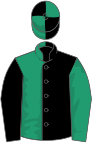 Black and emerald green halved, sleeves reversed, quartered cap