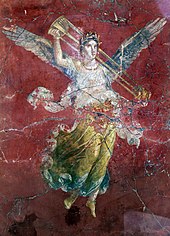 Winged Victory, ancient Roman fresco of the Neronian era from Pompeii Palestra grande di pompei, affreschi di Moregine, terzo triclinio, IV stile, epoca neroniana, 07 vittoria con tripode.jpg