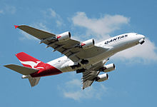 The Airbus A380 has wings and engines manufactured in the United Kingdom. Qantas a380 vh-oqa takeoff heathrow arp.jpg