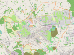 Mapa konturowa Rydułtów, blisko centrum na prawo znajduje się punkt z opisem „KWK Rydułtowy-Anna”