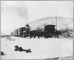 Trains of the Tanana Valley Railroad at the station in Fox, Alaska in 1916.